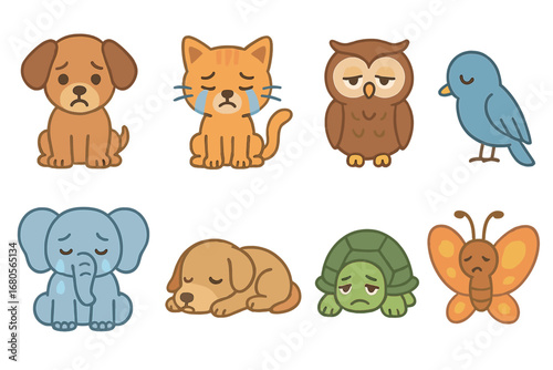 Sad Animal Icons. Flat vector mini-illustrations sadness animals in colors children's illustrations: sad puppy, crying kitten,
