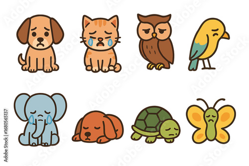 Sad Animal Icons. Flat vector mini-illustrations sadness animals in colors children's illustrations: sad puppy, crying kitten,