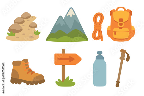 Kids' Hiking Adventure. Flat vector mini-illustrations mountain trail in colors children's illustrations: rocky path, mountain