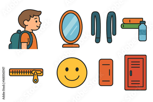 Kids Backpack Icons. Flat vector mini-illustrations backpack try on in colors children's illustrations: child trying on backpack,