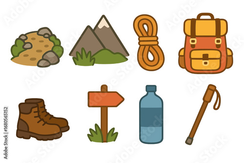 Kids' Hiking Adventure. Flat vector mini-illustrations mountain trail in colors children's illustrations: rocky path, mountain