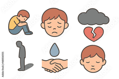 Icons of Sadness. Flat vector mini-illustrations hopelessness emotions in colors children's illustrations: slumped figure,