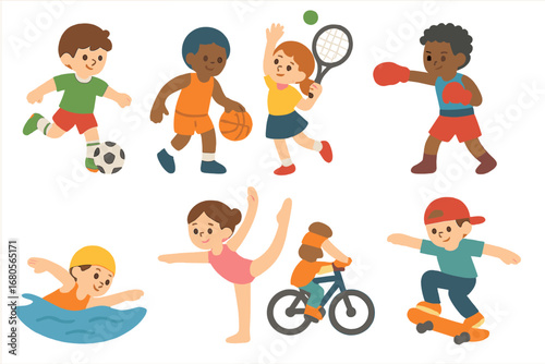 Kids' Sports Actions. Flat vector mini-illustrations sports action in colors children's illustrations: soccer kick, basketball