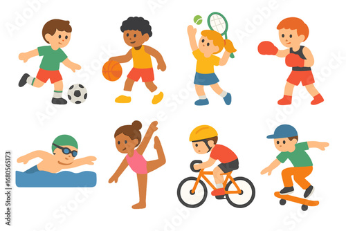 Kids' Sports Actions. Flat vector mini-illustrations sports action in colors children's illustrations: soccer kick, basketball