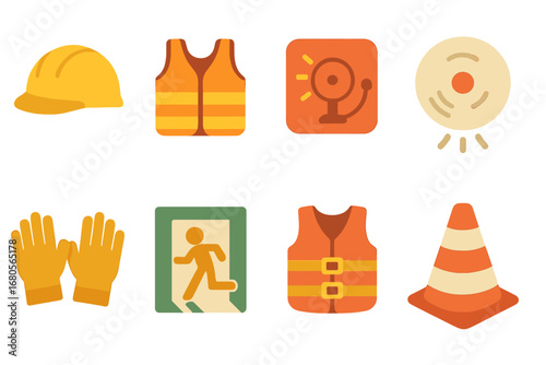 Safety and Accidents Grid. Flat vector mini-illustrations safety and prevention in colors children's illustrations: helmet, safety