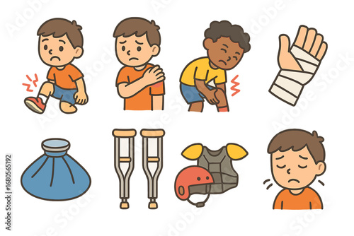 Kids' Sports Injuries Icons. Flat vector mini-illustrations hurt in sports in colors children's illustrations: twisted ankle,