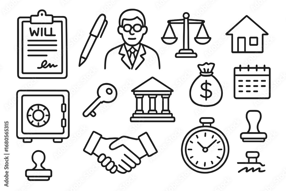 Fototapeta premium Legal Inheritance Icons. Hand-drawn doodle illustration inheritance legal will document, pen, lawyer, scales, house, money bag,