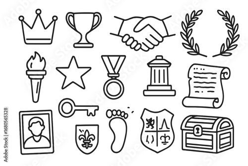 Legacy Symbols Doodle. Hand-drawn doodle illustration legacy and influence crown, trophy, handshake, laurel wreath, torch, star,