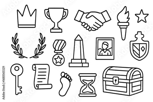 Legacy Symbols Doodle. Hand-drawn doodle illustration legacy and influence crown, trophy, handshake, laurel wreath, torch, star,