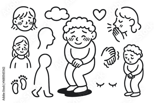 Shy Doodle Feelings. Hand-drawn doodle illustration bashful feelings blushing cheeks, shy smile, folded hands, curled up posture,