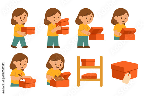 Shoebox Activity Icons. Flat vector mini-illustrations shoebox handling in colors children's illustrations: carrying shoebox,