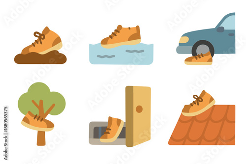 Shoe Misadventure Icons. Flat vector mini-illustrations shoe mishaps in colors children's illustrations: shoe stuck in mud, shoe