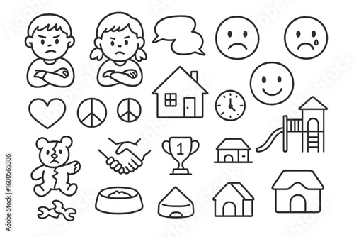 Siblings and Pet Doodles. Hand-drawn doodle illustration siblings rivalry emotions angry face, sad face, smiley face, tears,