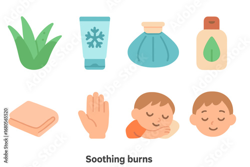 Soothing Burn Remedies. Flat vector mini-illustrations soothing burns in colors children's illustrations: aloe vera plant, cooling