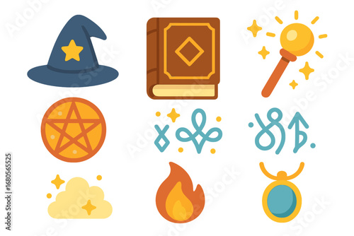 Magical Chants Icons. Flat vector mini-illustrations magical chants in colors children's illustrations: wizard hat, ancient tome,