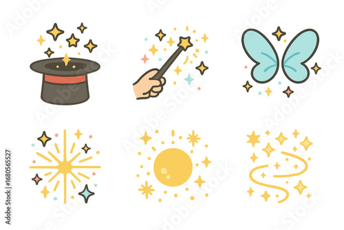Magical Children's Icons. Flat vector mini-illustrations children’s magic play in colors children's illustrations: magic hat,