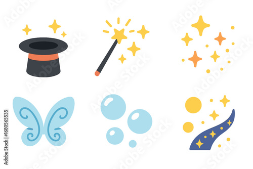 Magical Children's Icons. Flat vector mini-illustrations children’s magic play in colors children's illustrations: magic hat,