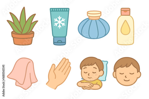 Soothing Burn Remedies. Flat vector mini-illustrations soothing burns in colors children's illustrations: aloe vera plant, cooling