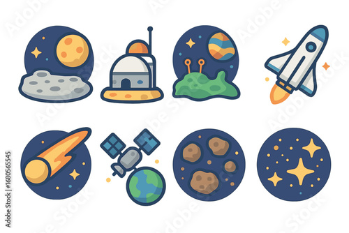 Space Themed Illustrations. Flat vector mini-illustrations space scenes in colors children's illustrations: moon surface,