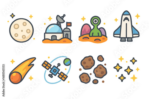 Space Themed Illustrations. Flat vector mini-illustrations space scenes in colors children's illustrations: moon surface,