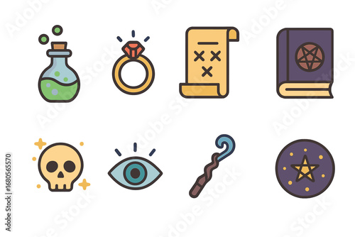 Magical Curses Icons. Flat vector mini-illustrations magical curses in colors children's illustrations: witch’s potion, cursed