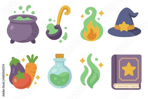 Magical Cooking Illustrations. Flat vector mini-illustrations magical cooking in colors children's illustrations: cauldron, magic