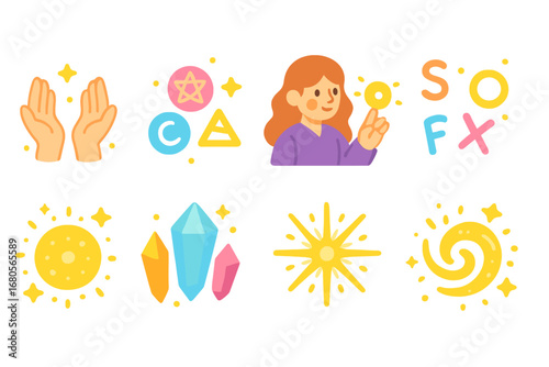 Magical Enchantress Icons. Flat vector mini-illustrations spellcasting enchantress in colors children's illustrations: magical
