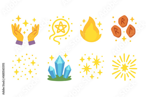 Magical Enchantress Icons. Flat vector mini-illustrations spellcasting enchantress in colors children's illustrations: magical