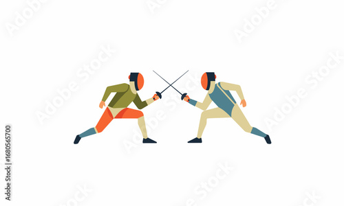 Two Fencers in Action, Engaging in a Competitive Fencing Duel with Swords.