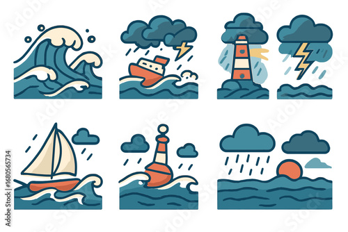 Stormy Seas Icons. Flat vector mini-illustrations stormy seas in colors children's illustrations: waves crashing, stormy boat,