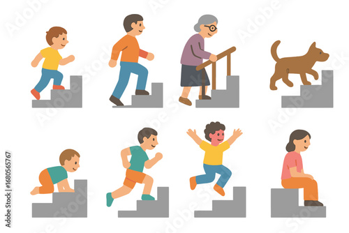Stair Climbing Icons. Flat vector mini-illustrations stair climbing activities in colors children's illustrations: child climbing