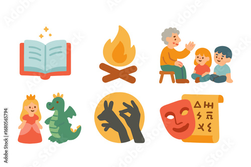 Storytelling Traditions Icons. Flat vector mini-illustrations storytelling traditions in colors children's illustrations: open