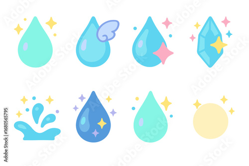 Magical Teardrop Icons. Flat vector mini-illustrations magical tears in colors children's illustrations: glowing teardrop, fairy