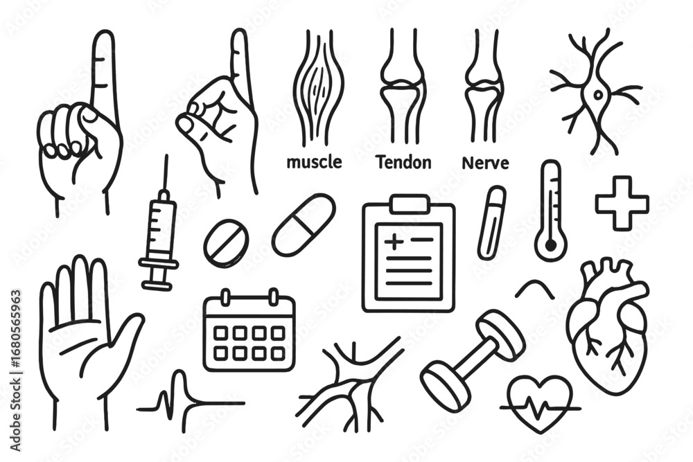 Obraz premium Medical Hand Doodle. Hand-drawn doodle illustration fingers finger movement fingers, muscle, tendon, joint, nerve, syringe, pill,