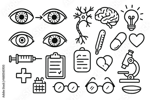 Medical Eye Doodles. Hand-drawn doodle illustration pupil pupil reflex pupil, iris, eye, nerve, brain, light bulb, syringe,