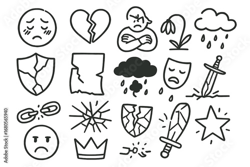 Symbols of Dishonor. Hand-drawn doodle illustration shame and dishonor blushing face, broken heart, crossed arms, wilted flower,