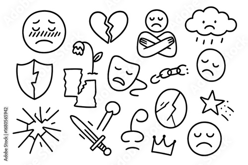 Symbols of Dishonor. Hand-drawn doodle illustration shame and dishonor blushing face, broken heart, crossed arms, wilted flower,