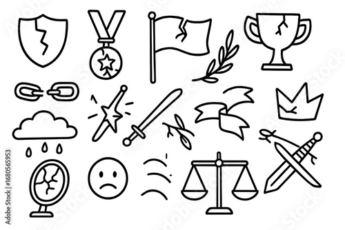 Symbols of Lost Glory. Hand-drawn doodle illustration wounded honor broken shield, cracked medal, torn flag, fallen crown, broken