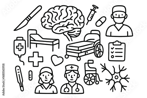Medical Equipment Doodles. Hand-drawn doodle illustration cerebrum brain surgery scalpel, cerebrum, hospital bed, doctor, syringe,