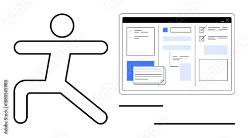 Simplified person figure in active stance near a structured digital interface with forms and checkboxes. Ideal for productivity, action, efficiency, organization, digital workflow, task management