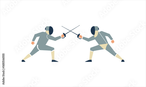 Two Silhouetted Fencers in Action, Geometric Style.