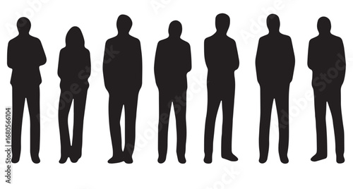 Vector Silhouettes of People, Standing and Walking Figures, Isolated on White Background