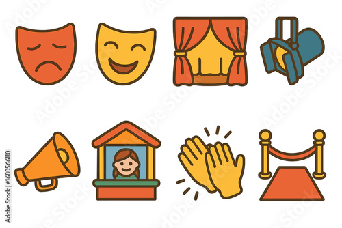 Theater Symbols for Kids. Flat vector mini-illustrations classic drama symbols in colors children's illustrations: tragedy mask,