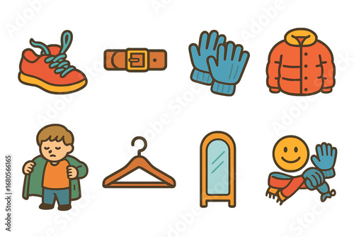 Tight and Cozy Icons. Flat vector mini-illustrations tight fit in colors children's illustrations: tight shoelaces, tight belt,
