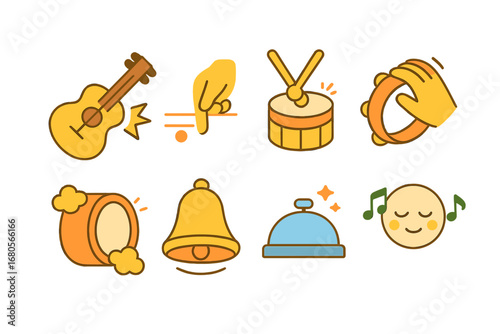 Musical Sounds Grid. Flat vector mini-illustrations musical onomatopoeia in colors children's illustrations: strum, pluck, bang,