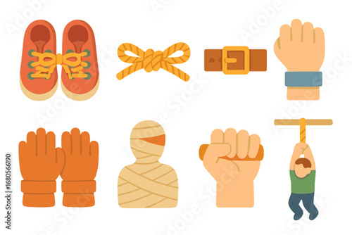 Tightness Icon Grid. Flat vector mini-illustrations tight in colors children's illustrations: tight shoelaces, tight knot, tight