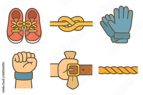 Tightness Icon Grid. Flat vector mini-illustrations tight in colors children's illustrations: tight shoelaces, tight knot, tight