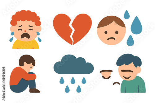 Tragic Emotions Icons. Flat vector mini-illustrations tragedy emotions in colors children's illustrations: crying child, broken