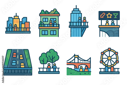 Urban Deck Miniatures. Flat vector mini-illustrations urban observation decks in colors children's illustrations: city buildings,