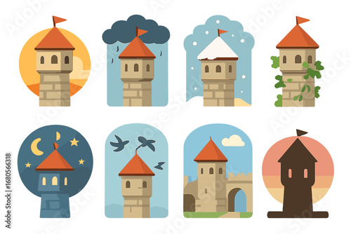 Turret Weather Icons. Flat vector mini-illustrations turret scenes in colors children's illustrations: sunset behind turret,